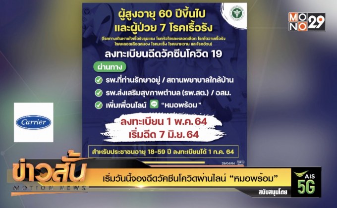 เริ่มวันนี้จองฉีดวัคซีนโควิดผ่านไลน์ “หมอพร้อม”