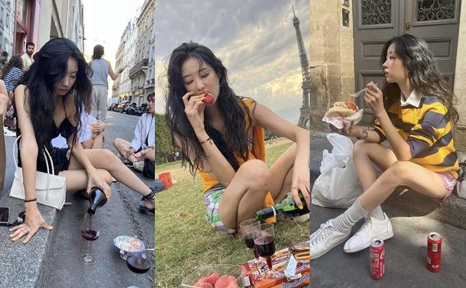 สาวเกาหลี โพสต์ท่าถ่ายรูปนั่งกินดื่มริมทาง ซิกเนเจอร์ผมยุ่งกับลุคแฟชั่นเก๋ๆ จนกลายเป็นไวรัล