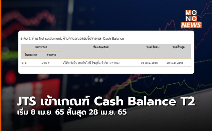 JTS เข้าเกณฑ์ “Cash Balance” ระดับ 2 มีผลตั้งแต่วันที่ 8 เม.ย. 65 สิ้นสุด 28 เม.ย. 65