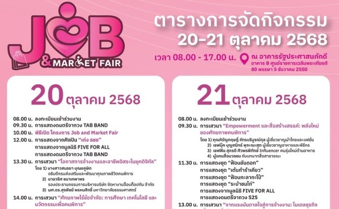 พม. จัดงาน “Job & Market Fair : มหกรรมสร้างงาน สร้างอาชีพคนพิการ” 20-21 ต.ค. 68 ณ ศูนย์ราชการ ฯ แจ้งวัฒนะ
