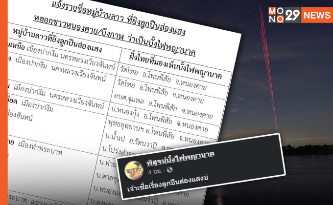 เพจดังเปิดรายชื่อ 10 หมู่บ้านลาว ที่ยิงปืนส่องแสงหลอกว่าเป็น “บั้งไฟพญานาค”
