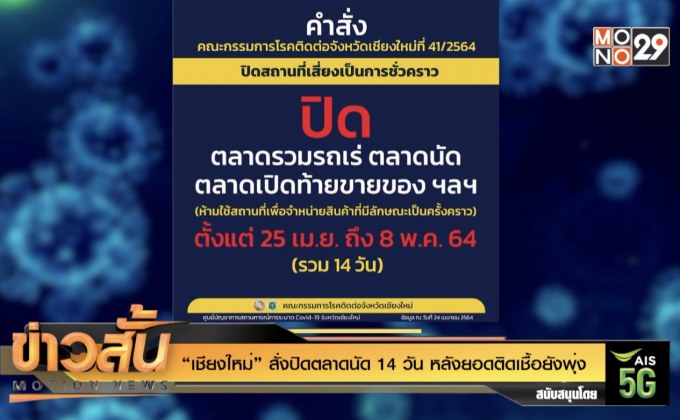 “เชียงใหม่” สั่งปิดตลาดนัด 14 วัน หลังยอดติดเชื้อยังพุ่ง