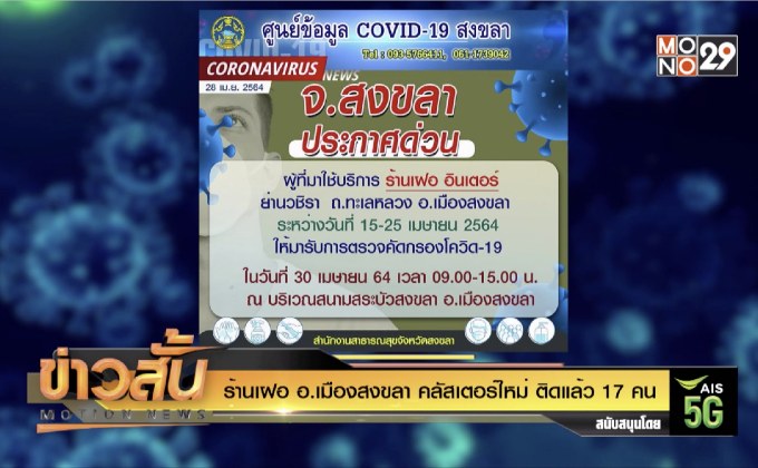 ร้านเฝอ อ.เมืองสงขลา คลัสเตอร์ใหม่ ติดแล้ว 17 คน
